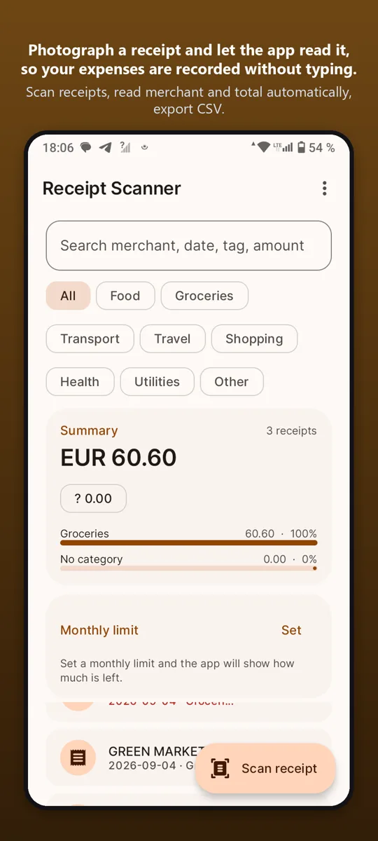 Receipt Scanner: Expenses — main screen
