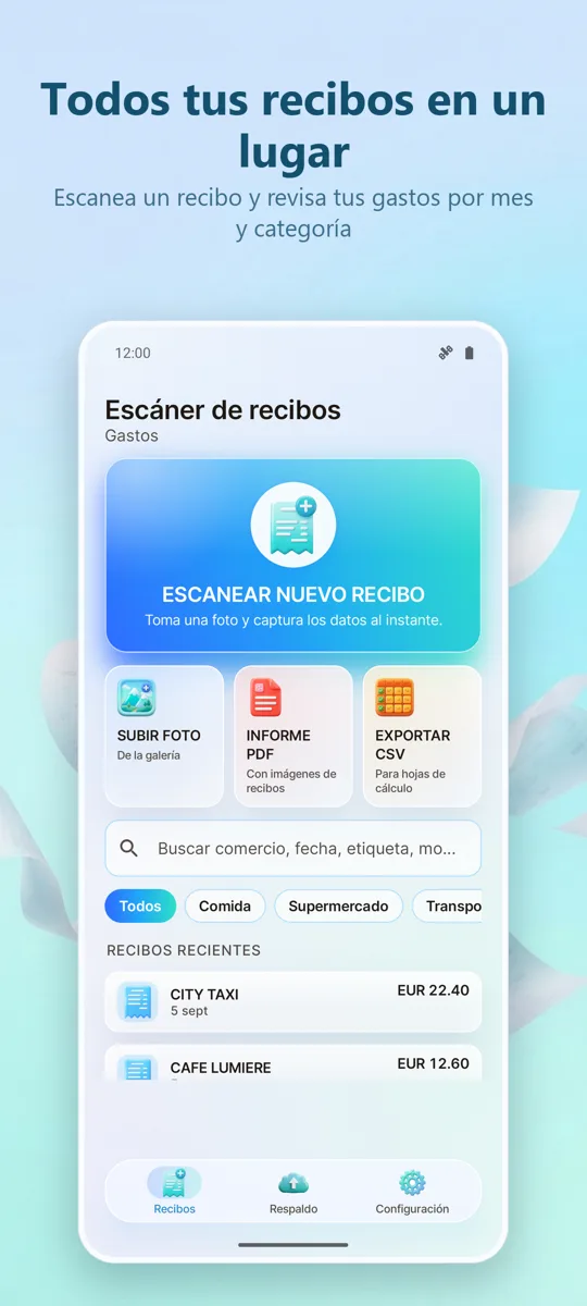 Escáner de Recibos: Gastos: pantalla principal