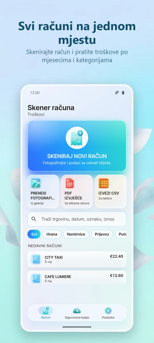 Skener računa: Troškovi: glavni zaslon
