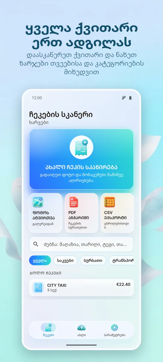ქვითრის სკანერი: ხარჯები: მთავარი ეკრანი