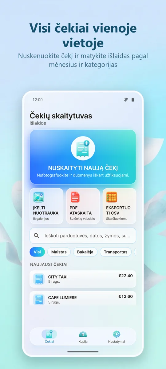 Kvitų skaitytuvas: Išlaidos: pagrindinis ekranas