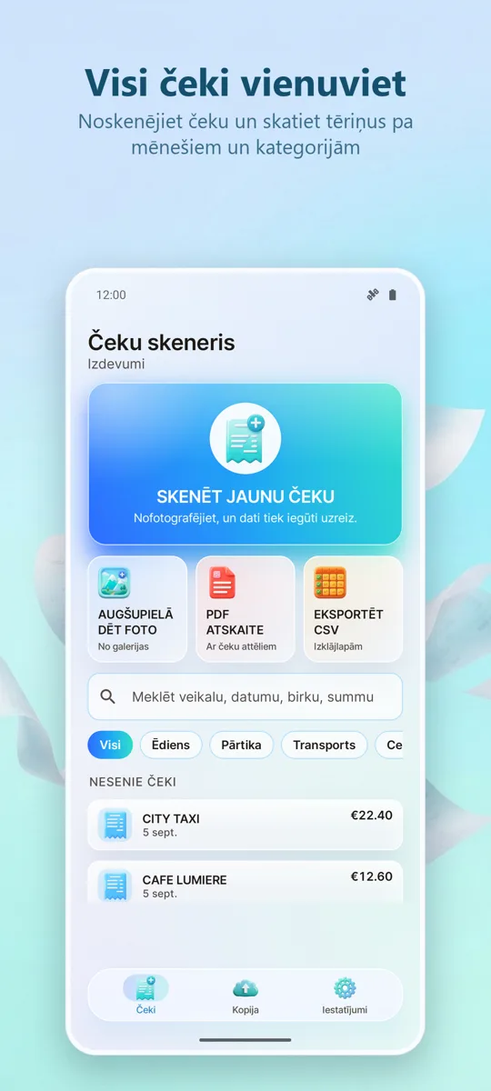 Čeku skeneris: Izdevumi: galvenais ekrāns