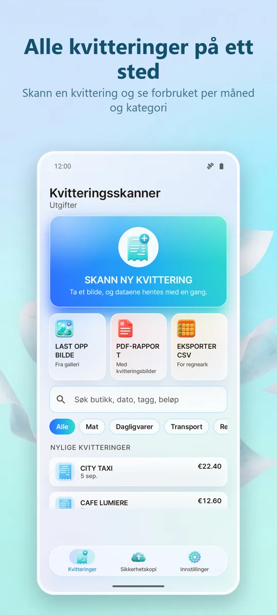Kvitteringsskanner: Utgifter: hovedskjerm