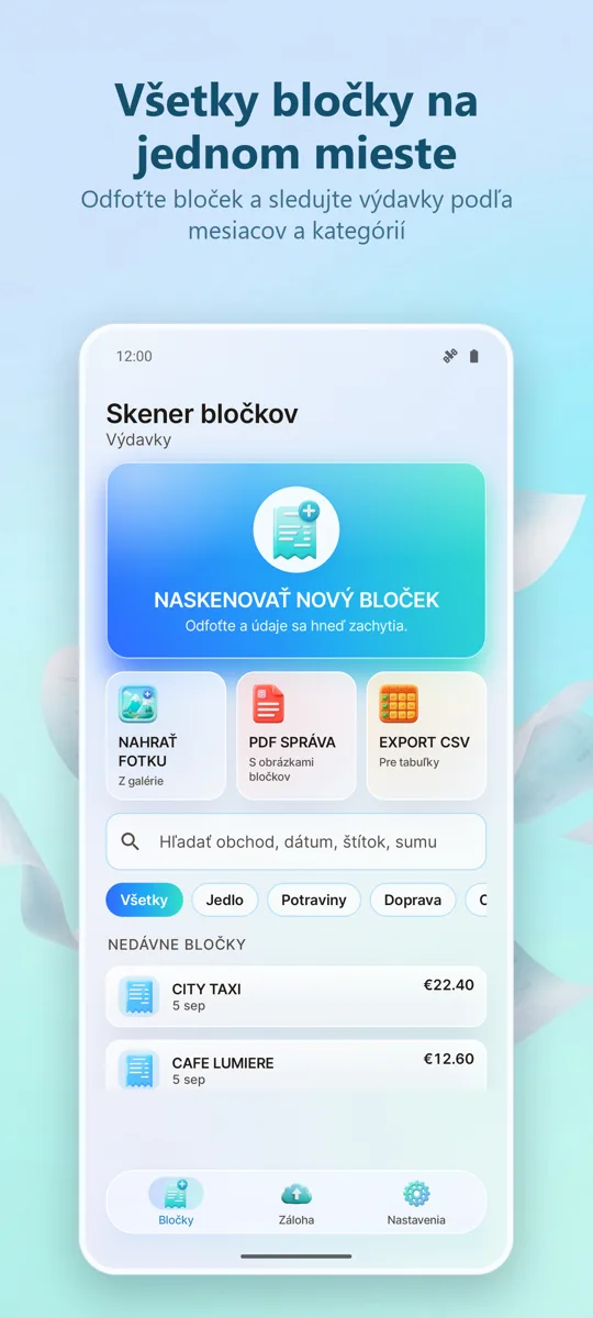 Skenovanie bločkov: Výdavky: hlavná obrazovka