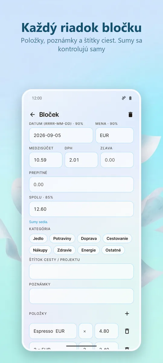 Skenovanie bločkov: Výdavky: snímka obrazovky 3
