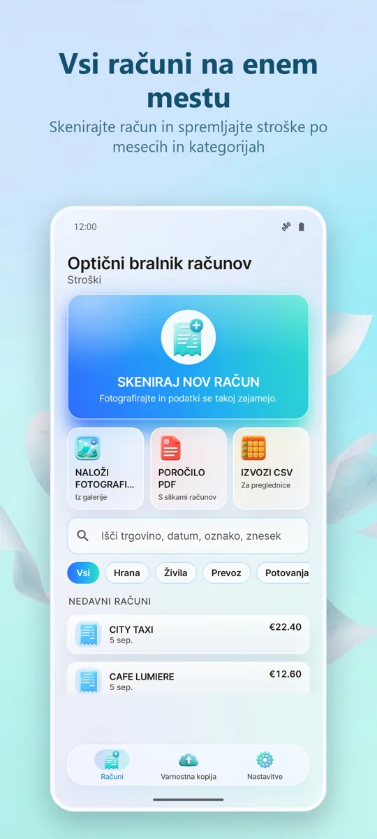 Skener računov: Stroški: glavni zaslon