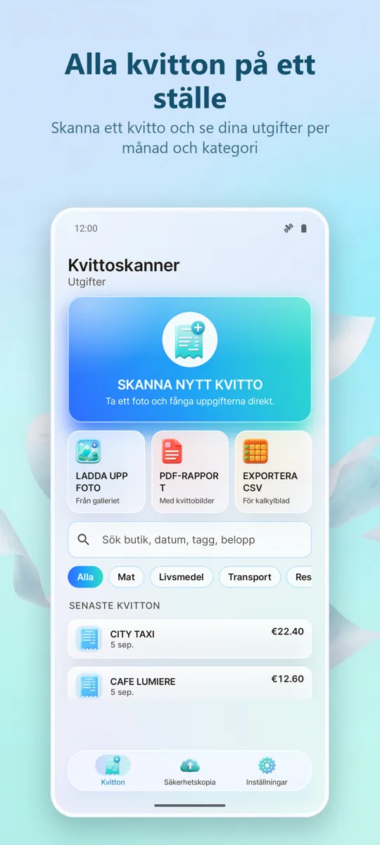 Kvittoskanner: Utgifter: huvudskärm