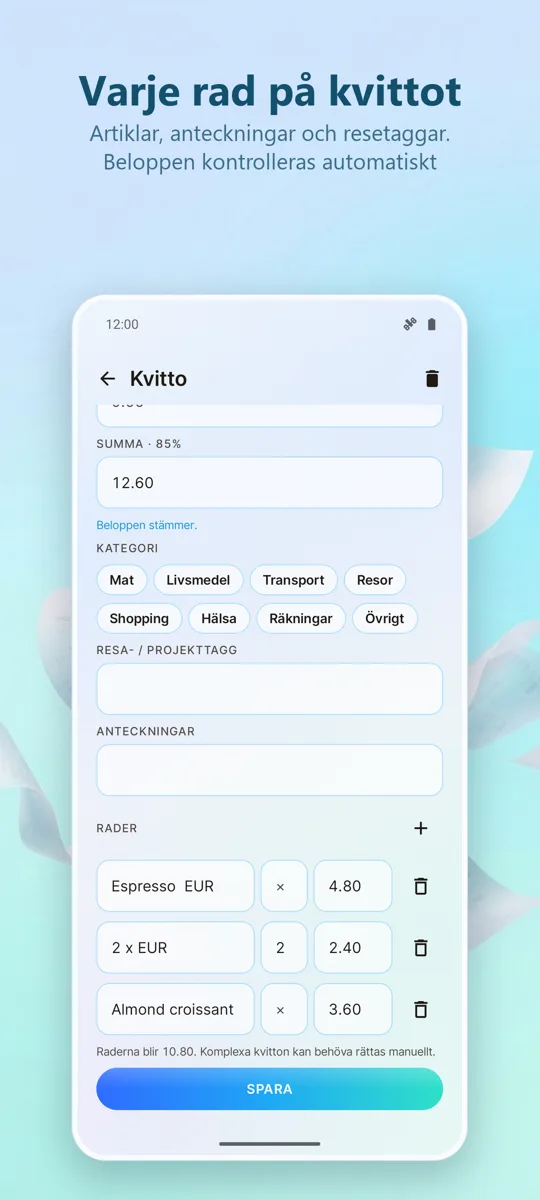 Kvittoskanner: Utgifter: skärmbild 3