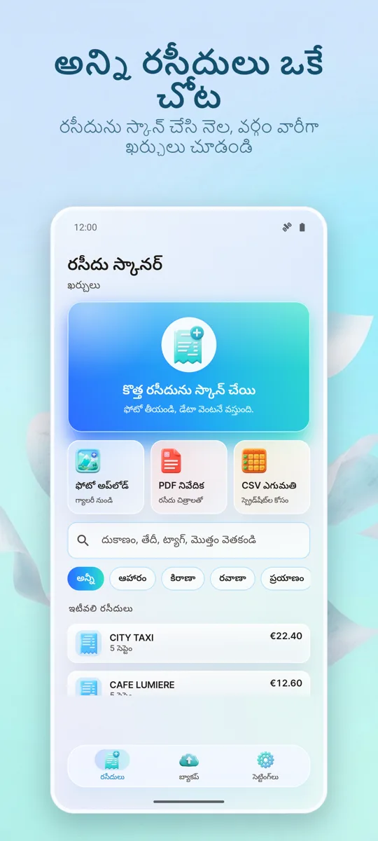 రసీదు స్కానర్: ఖర్చులు: ప్రధాన స్క్రీన్