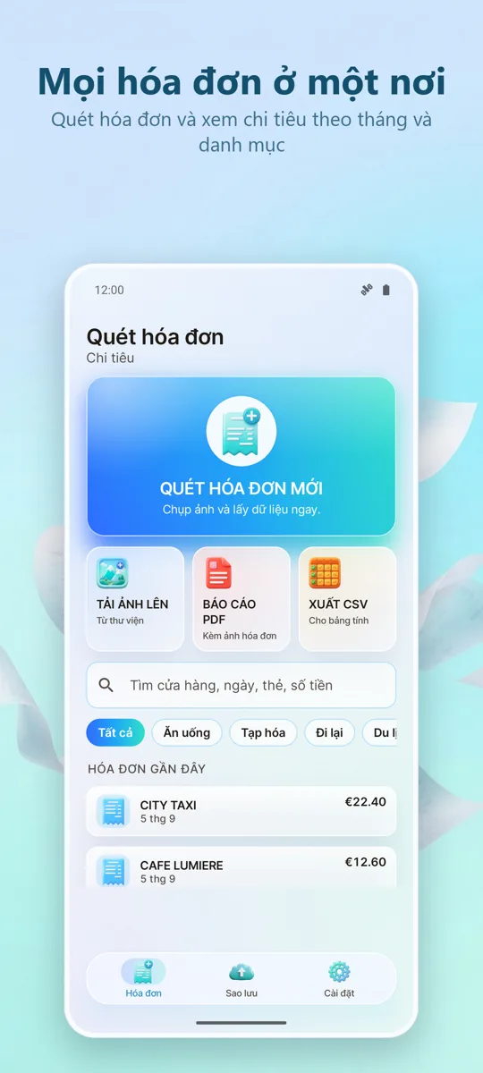 Quét Hóa Đơn: Chi Phí: màn hình chính