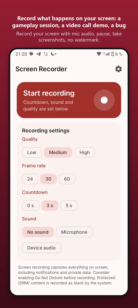 Screen Recorder: HD Record — main screen