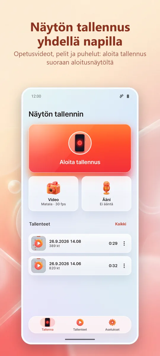 Näytön tallennin: HD-tallennus: päänäkymä