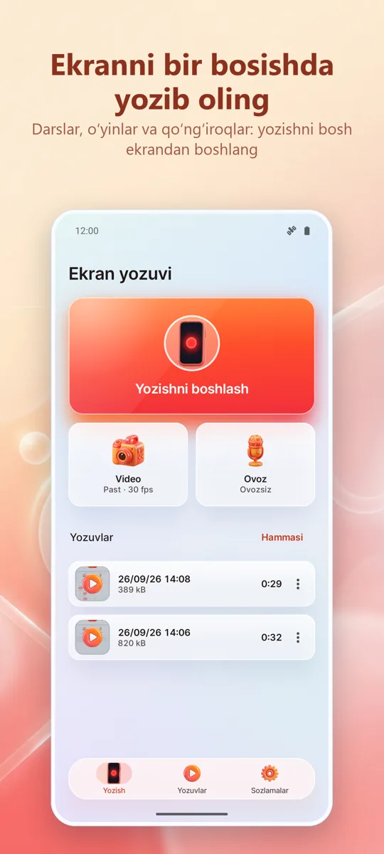 Ekran yozuvchisi: HD yozish: asosiy ekran