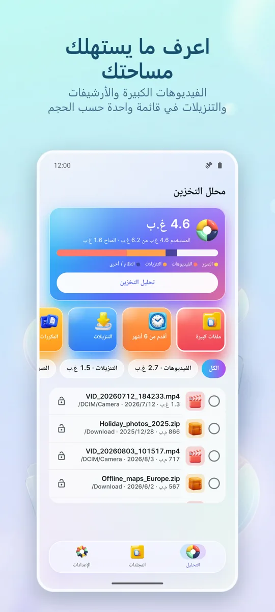 محلل التخزين: منظف: الشاشة الرئيسية