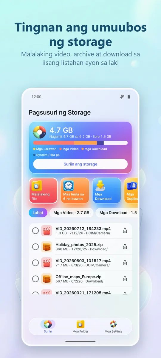 Storage Analyzer: Linisin: pangunahing screen