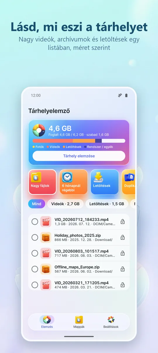 Tárhely elemző: Tisztító: főképernyő