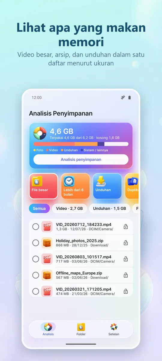 Penganalisis Penyimpanan: layar utama