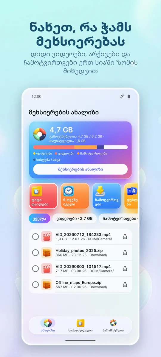 მეხსიერების ანალიზატორი: მთავარი ეკრანი