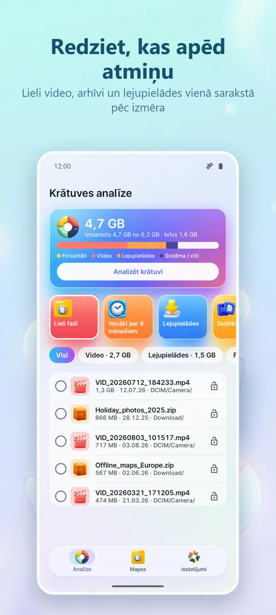 Krātuves analizators: Tīrītājs: galvenais ekrāns
