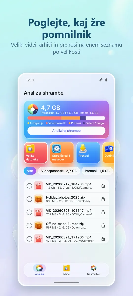 Analiza shrambe: Čistilec: glavni zaslon