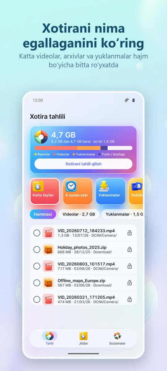 Xotira analizatori: Tozalagich: asosiy ekran