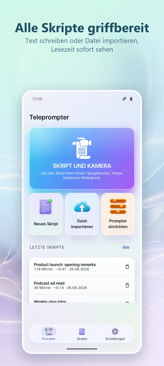 Teleprompter für Video: Hauptbildschirm