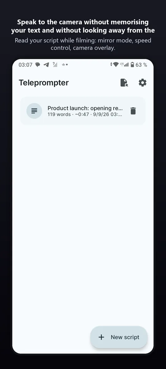 Teleprompter for Video — main screen