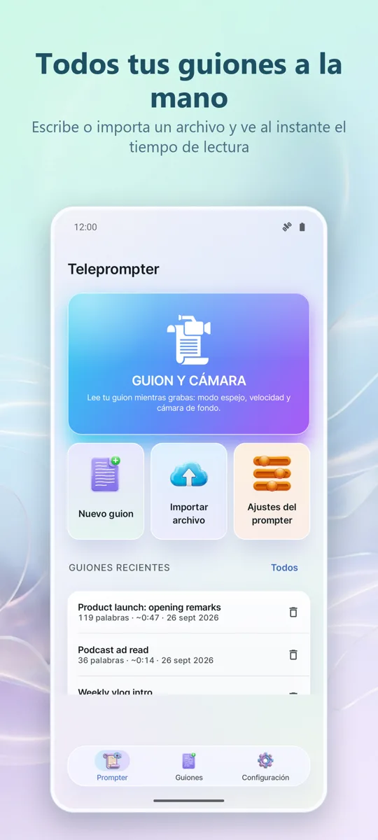 Teleprónter para video: pantalla principal