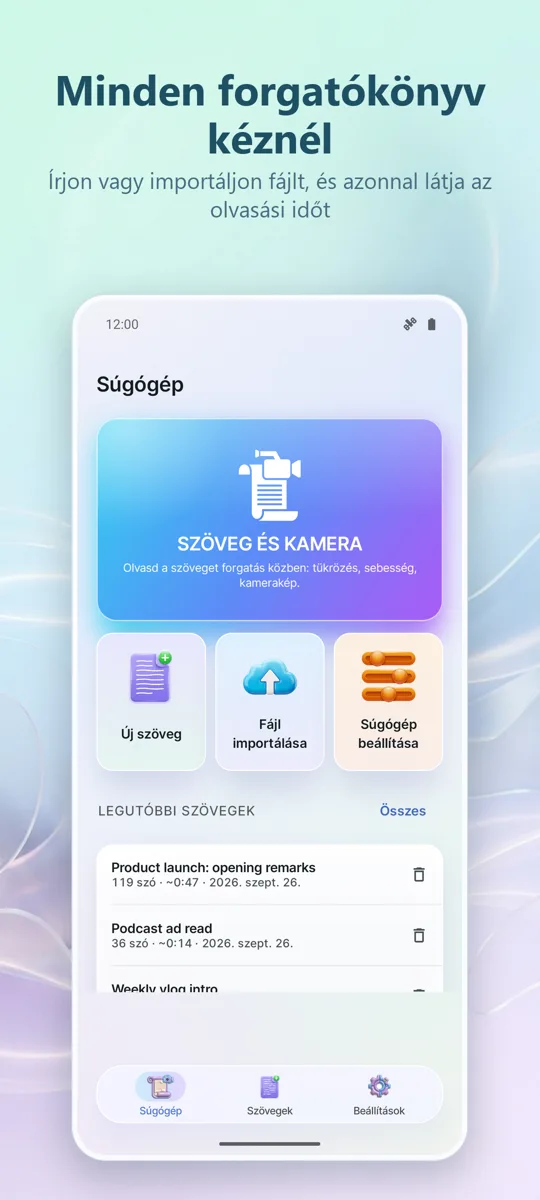 Teleprompter videóhoz: főképernyő
