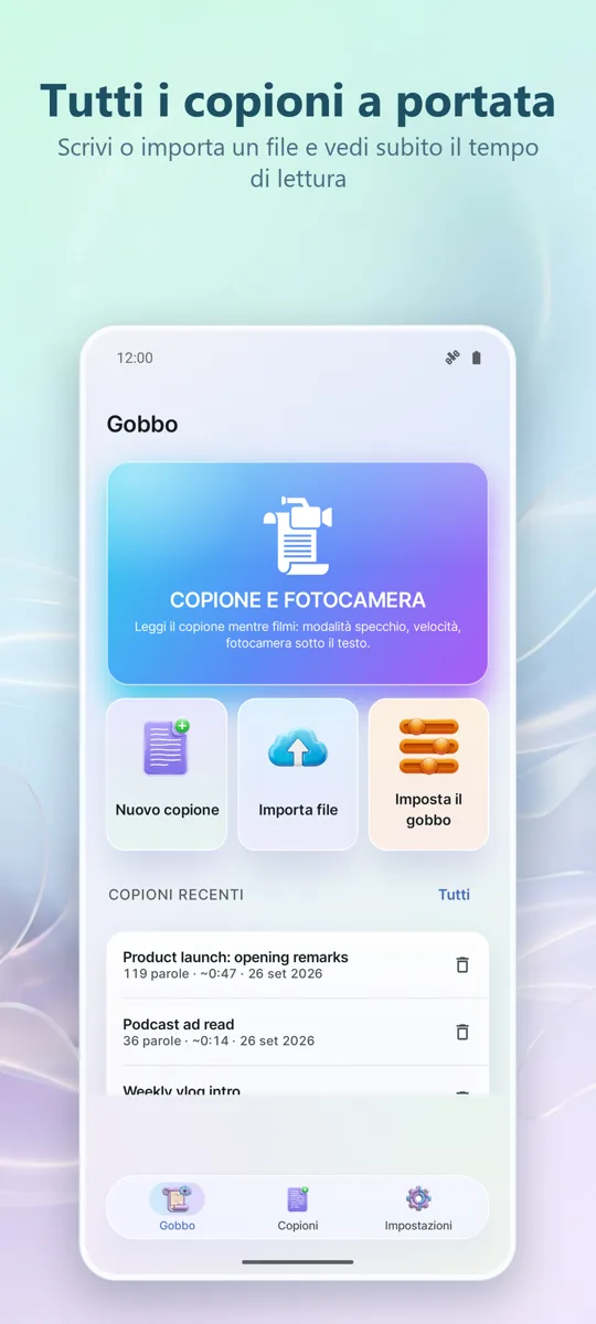 Teleprompter per Video: schermata principale