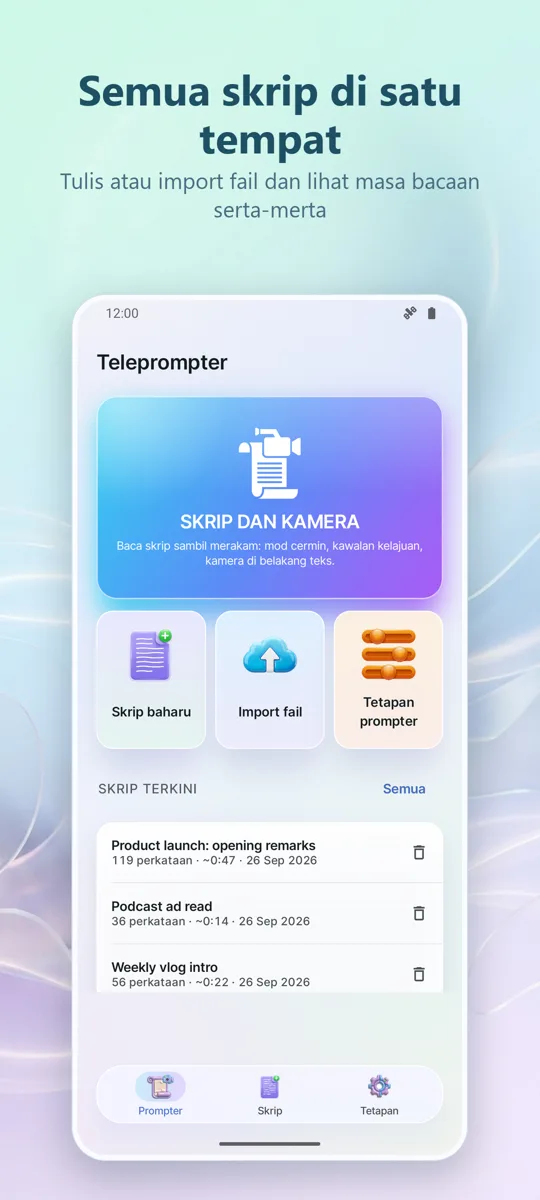 Teleprompter untuk Video: skrin utama