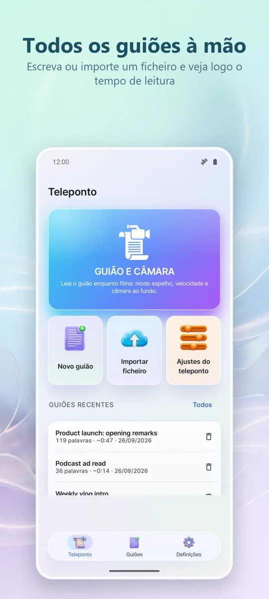 Teleprompter para Vídeo: ecrã principal