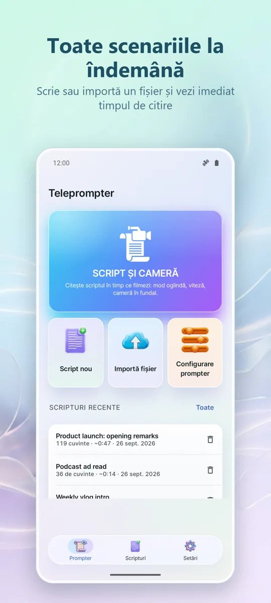 Teleprompter pentru video: ecranul principal