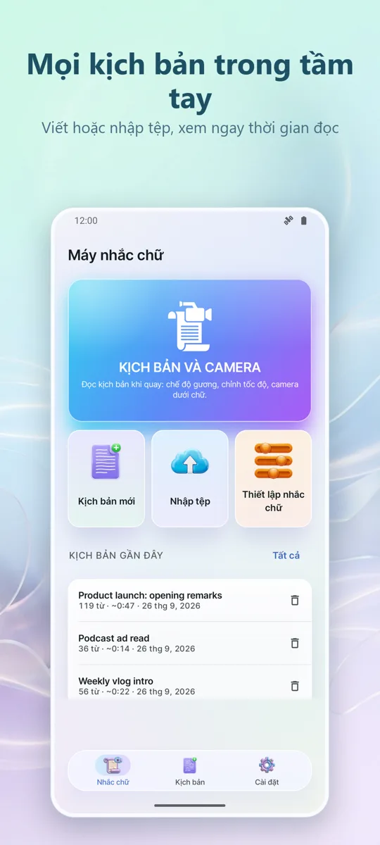 Teleprompter cho Video: màn hình chính