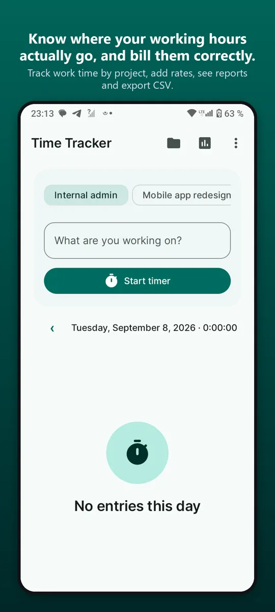 Time Tracker: Work Hours — main screen