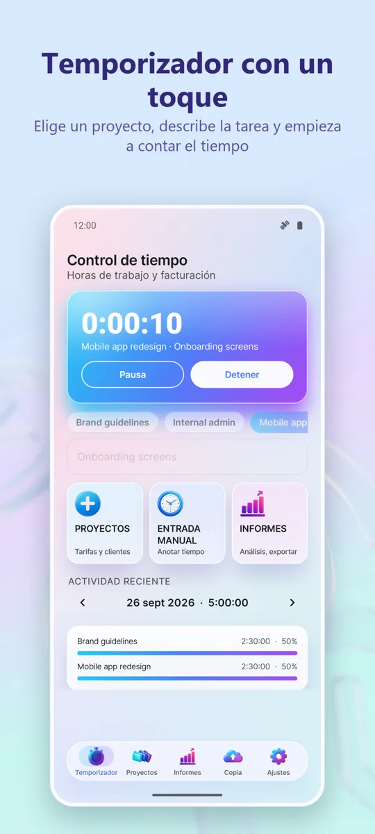 Control de Tiempo: Horas: pantalla principal