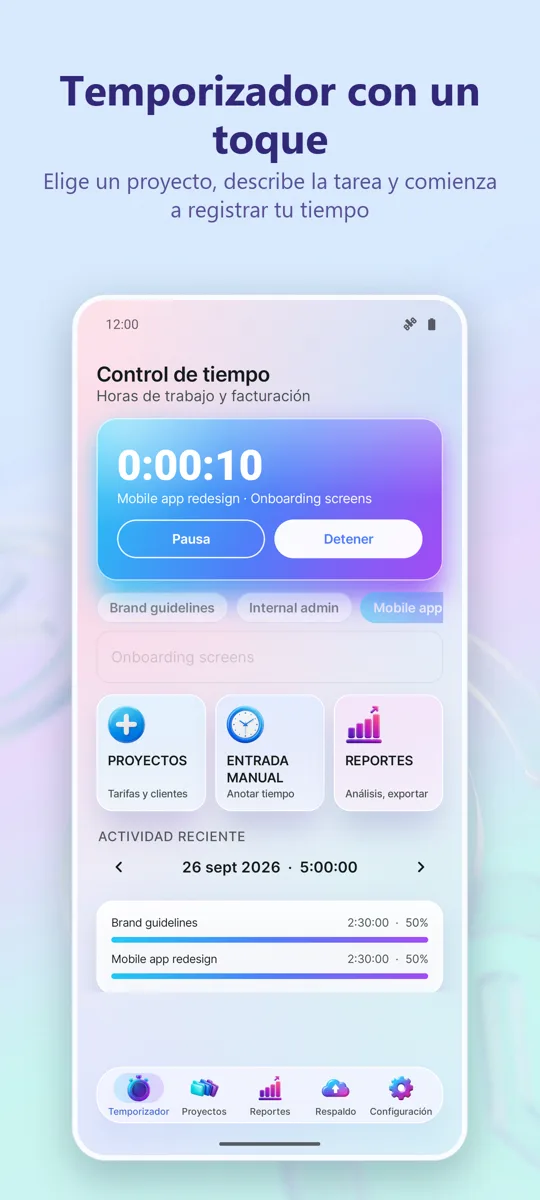 Control de Tiempo: Horas: pantalla principal
