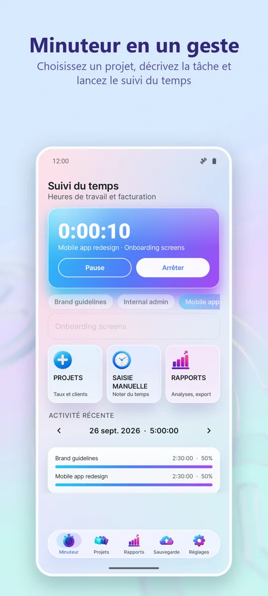 Suivi du Temps: Heures Travail: écran principal
