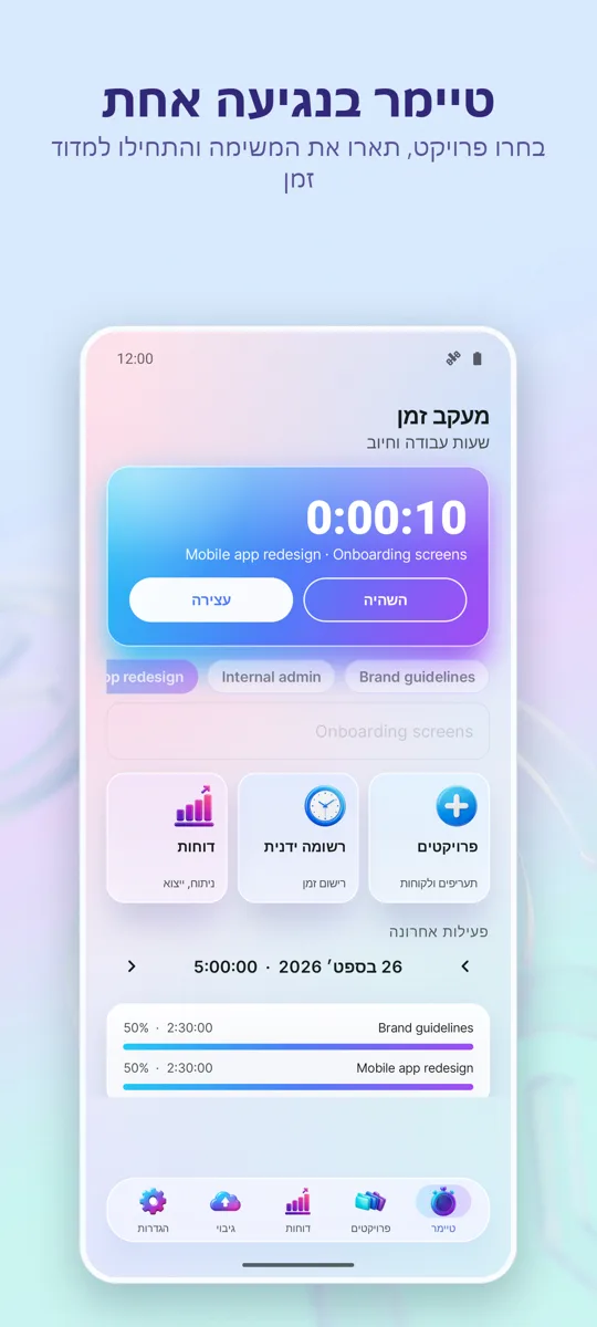 מעקב זמן: שעות עבודה: המסך הראשי