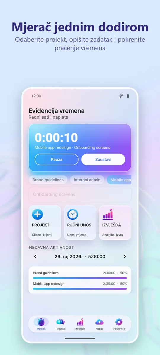 Praćenje vremena: Radni sati: glavni zaslon