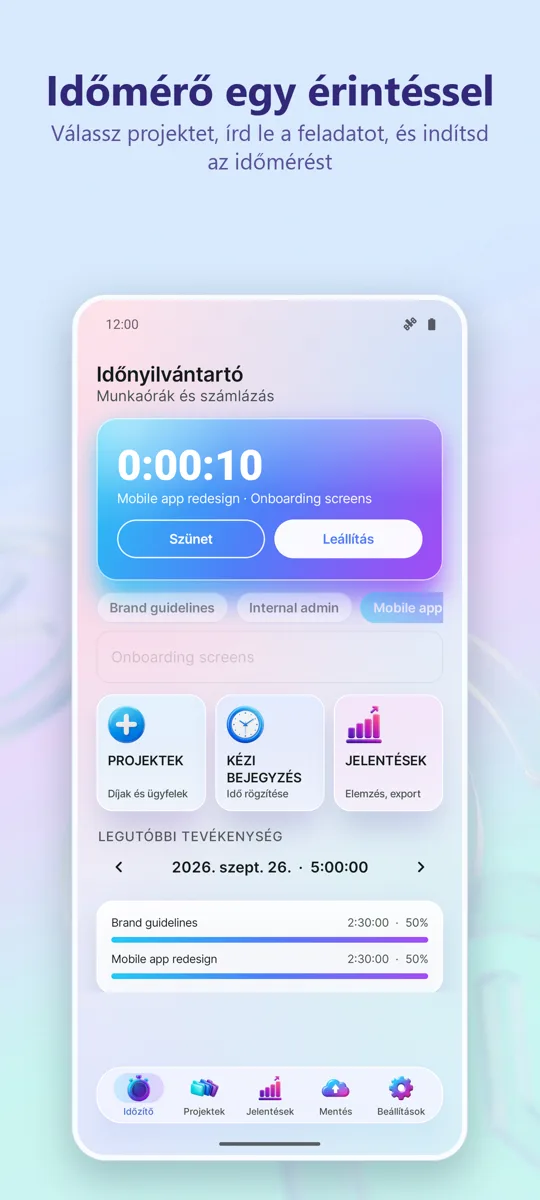 Munkaidő követő: főképernyő