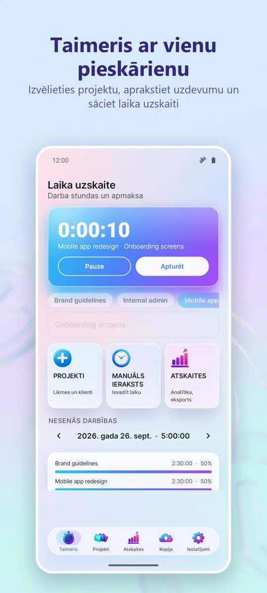Laika uzskaite: Darba stundas: galvenais ekrāns