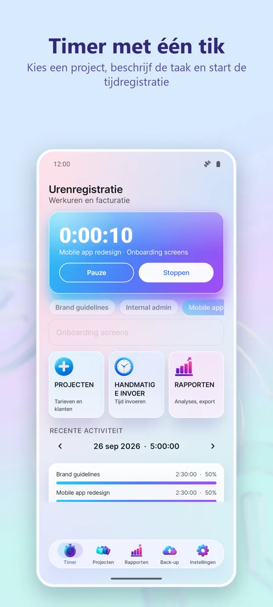 Tijdregistratie: Werkuren: hoofdscherm