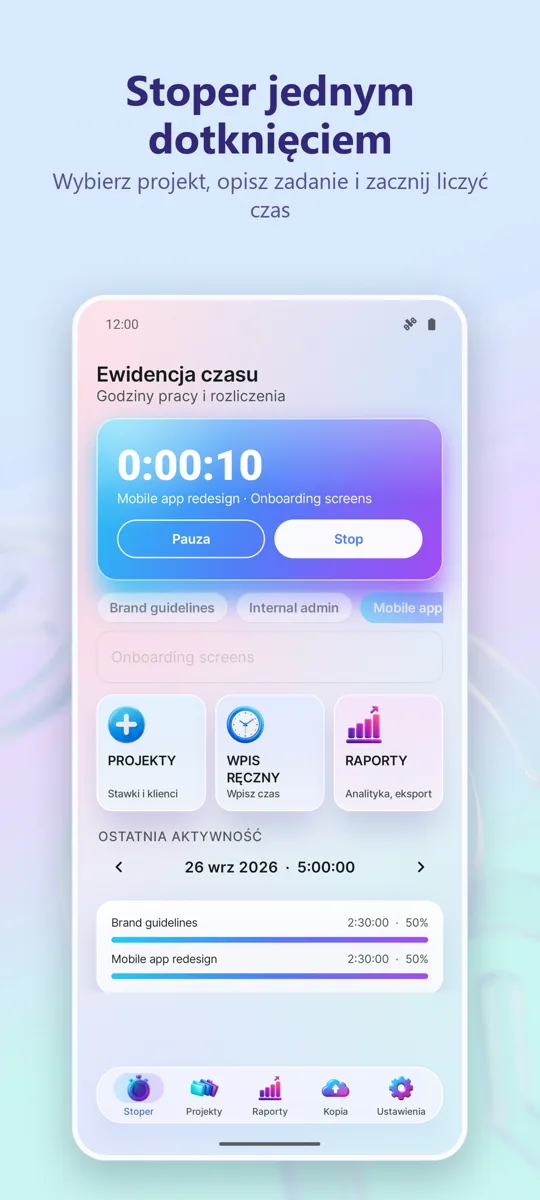 Śledzenie Czasu Pracy: ekran główny