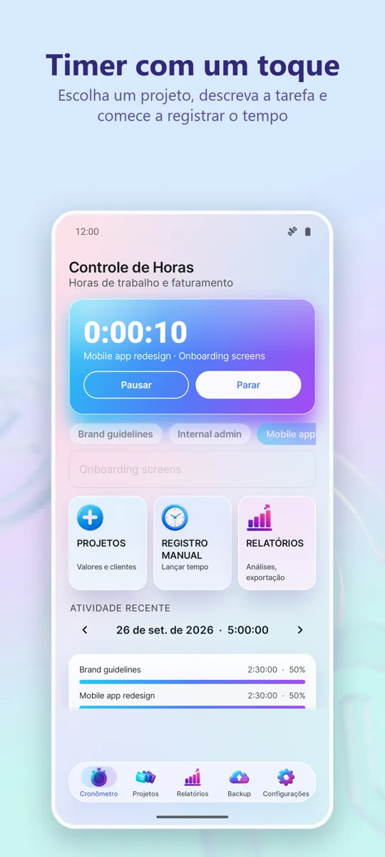 Controle de Horas de Trabalho: tela principal