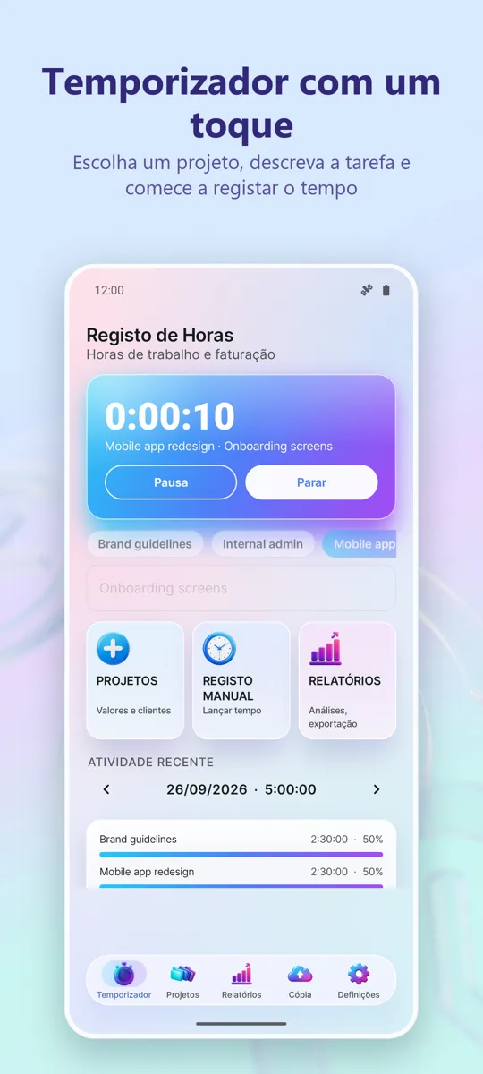 Controlo de Horas: Trabalho: ecrã principal