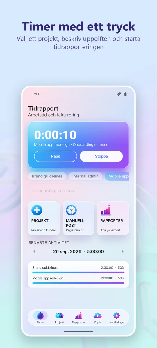 Time Tracker: Arbetstimmar: huvudskärm