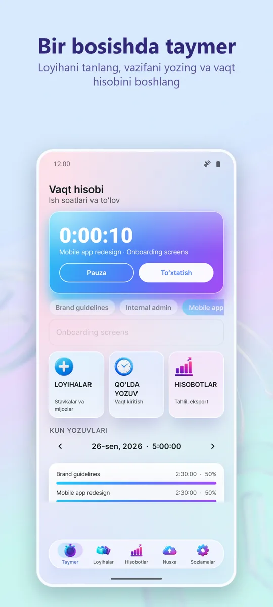 Vaqt trekeri: Ish soatlari: asosiy ekran