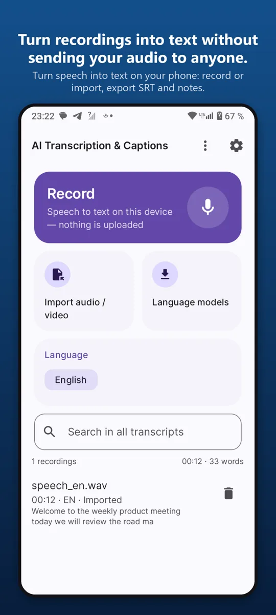 AI Transcription & Captions — main screen