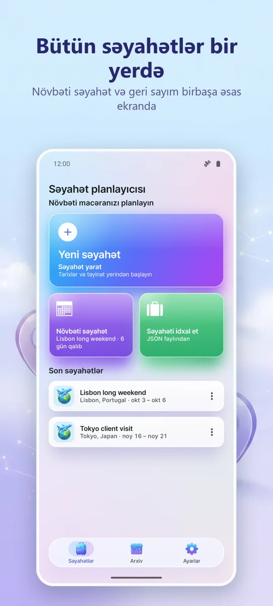 Səyahət planlayıcısı: əsas ekran